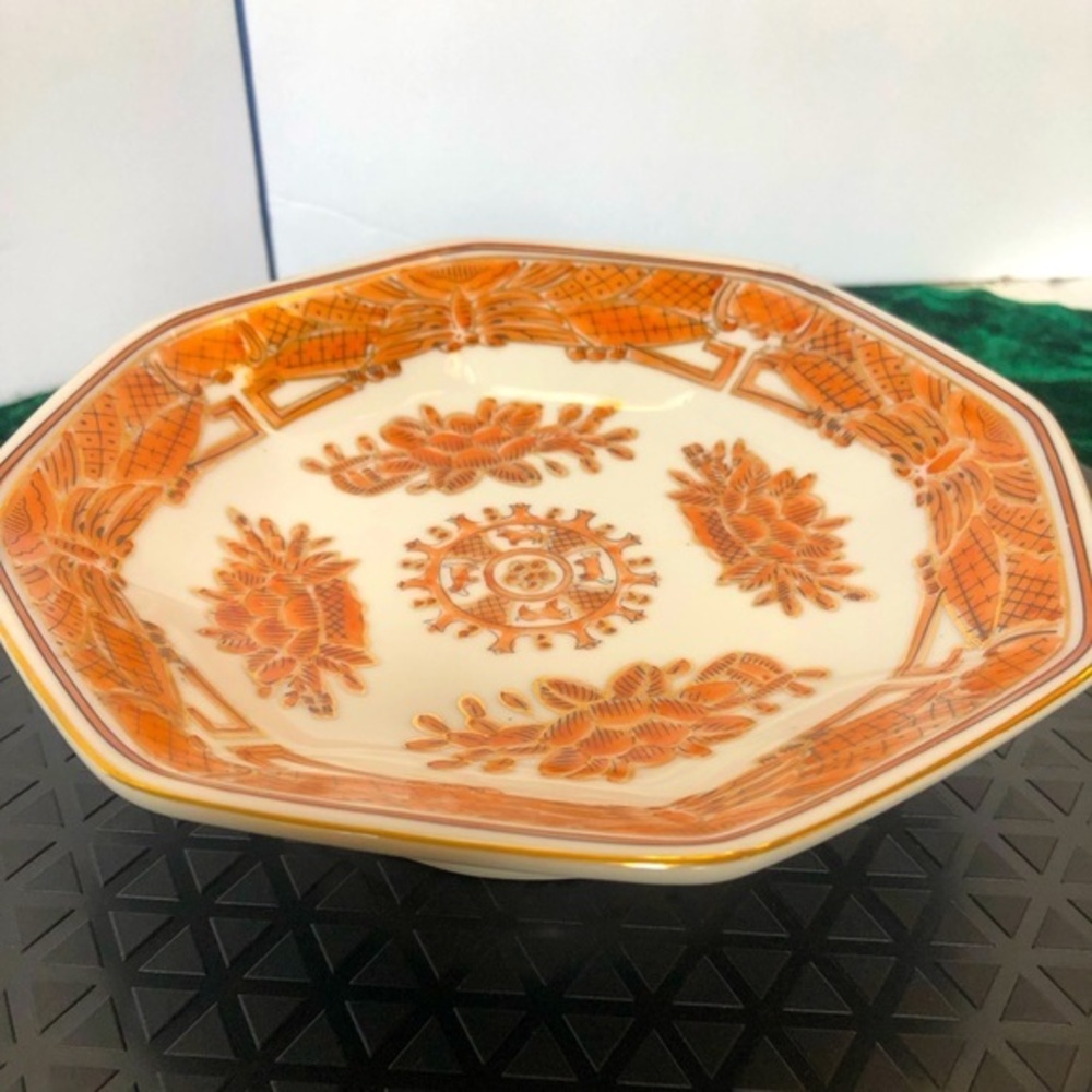 Octangonal Pedestal Bowl Orange Black Gold Made in Japan Hand Painted Andrea